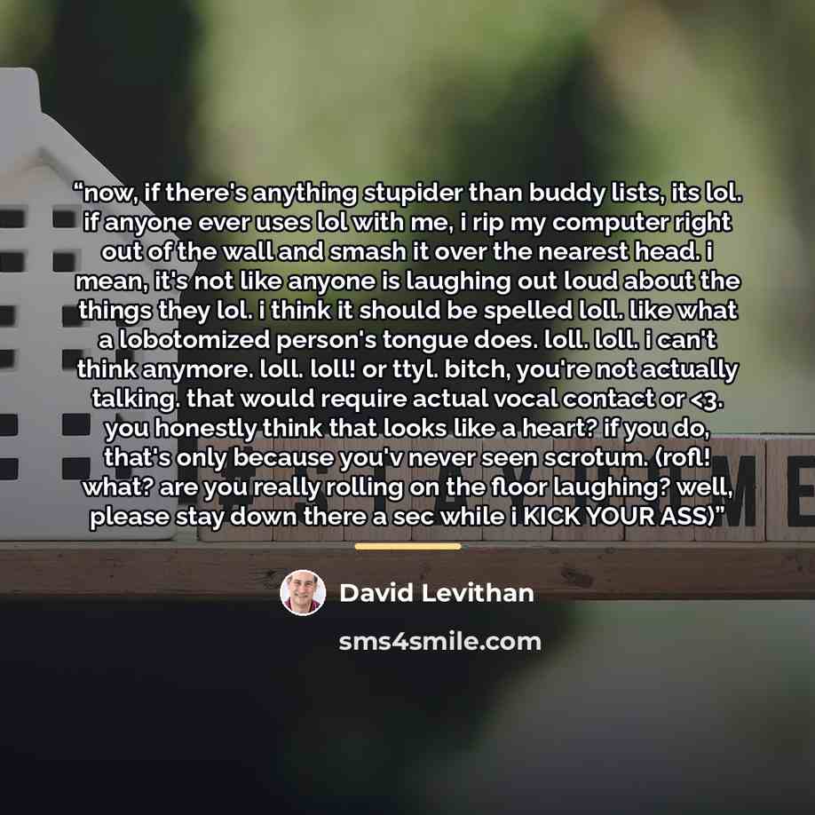 ““now, if there's anything stupider than buddy lists, its lol. if anyone ever uses lol with me, i rip my computer right out of the wall and smash it over the nearest head. i mean, it's not like anyone is laughing out loud about the things they lol. i think it should be spelled loll. like what a…” quote by David Levithan