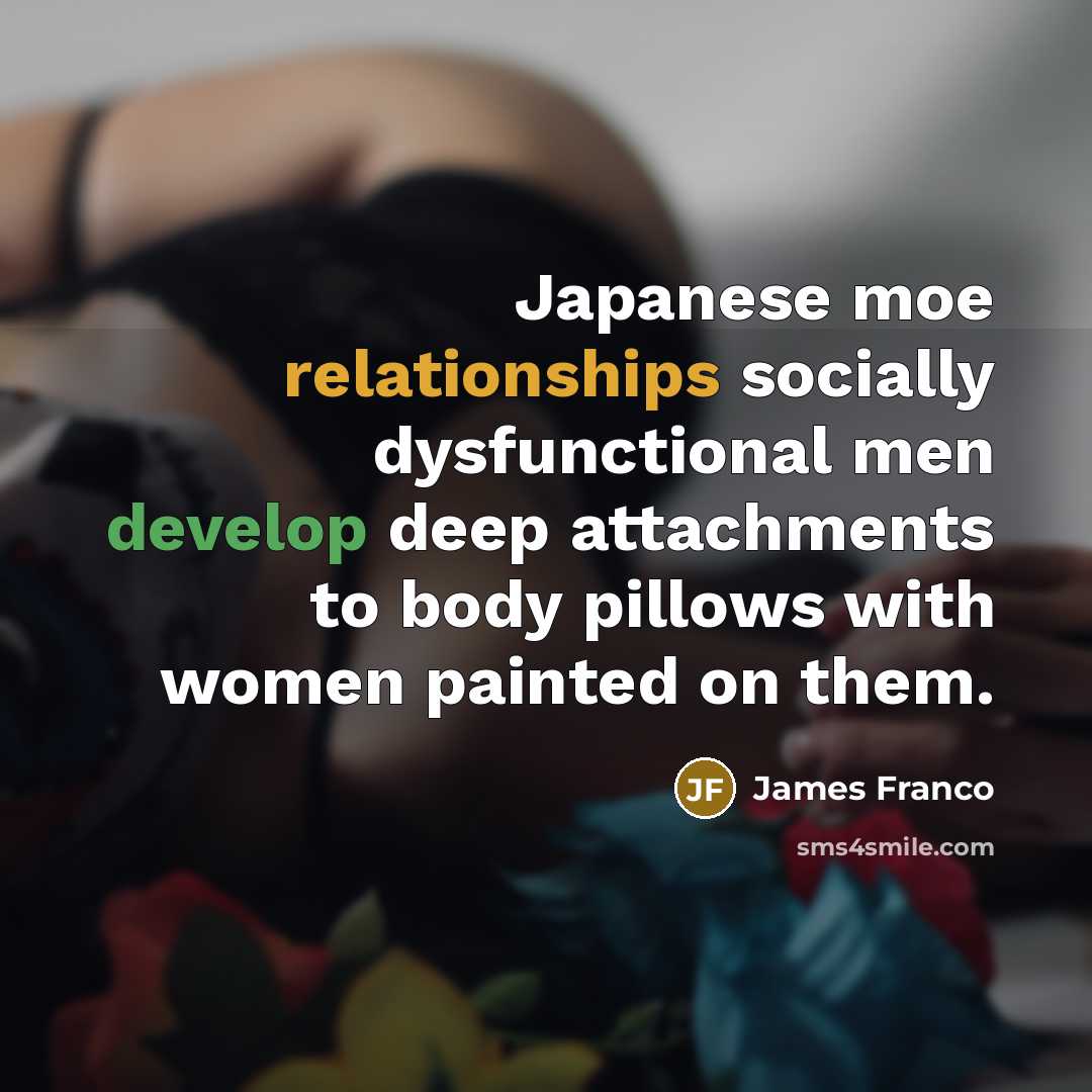 “Japanese moe relationships socially dysfunctional men develop deep attachments to body pillows with women painted on them.” quote by James Franco