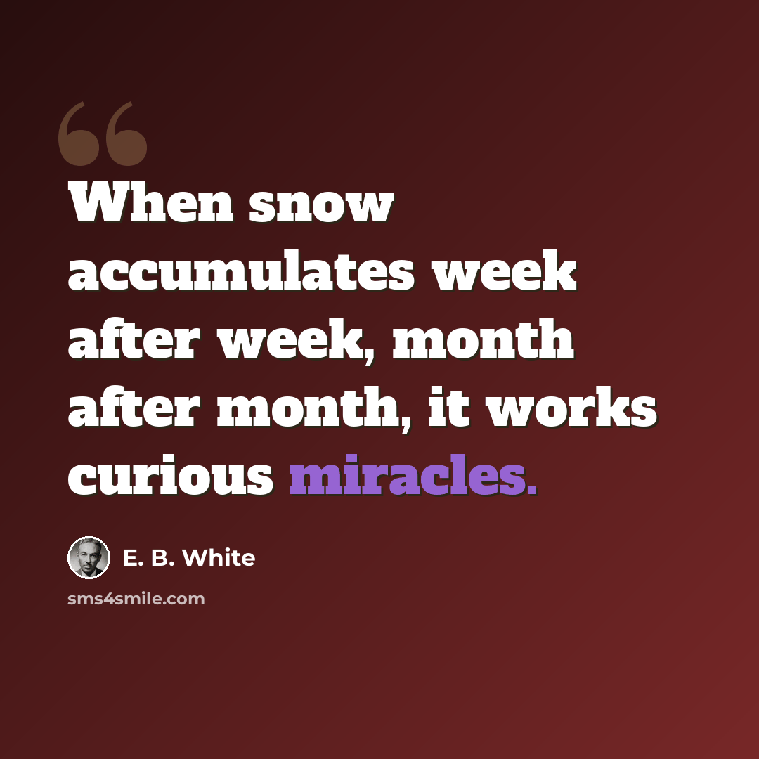 “When snow accumulates week after week, month after month, it works curious miracles.” quote by E. B. White