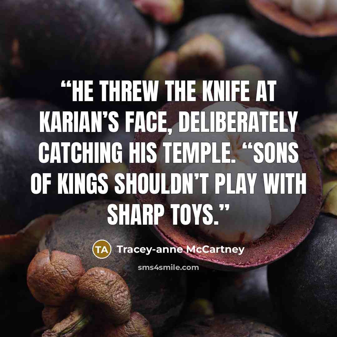 “He threw the knife at Karian’s face, deliberately catching his temple. “Sons of Kings shouldn’t play with sharp toys.” quote by Tracey-anne McCartney