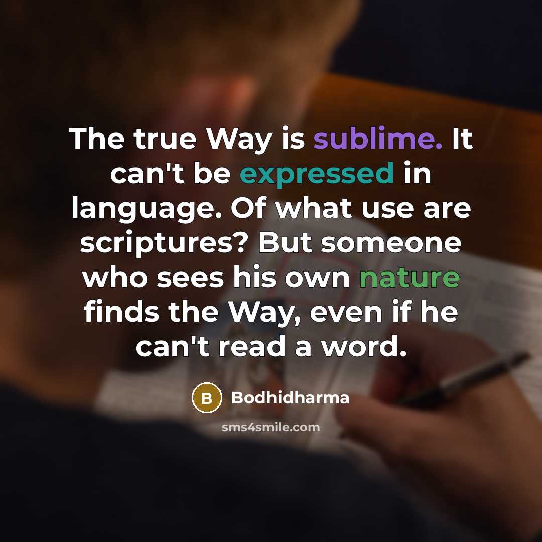“The true Way is sublime. It can't be expressed in language. Of what use are scriptures? But someone who sees his own nature finds the Way, even if he can't read a word.” quote by Bodhidharma