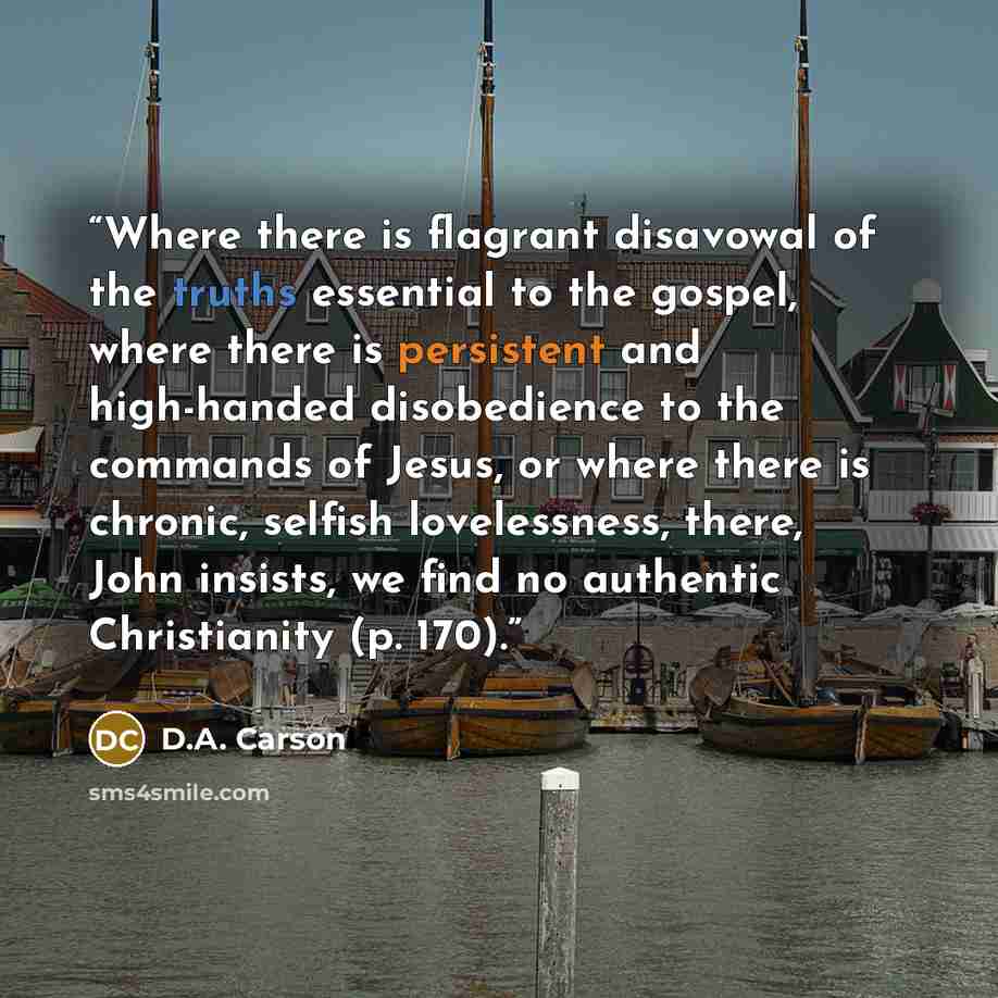 “Where there is flagrant disavowal of the truths essential to the gospel, where there is persistent and high-handed disobedience to the commands of Jesus, or where there is chronic, selfish lovelessness, there, John insists, we find no authentic Christianity (p. 170).” quote by D.A. Carson