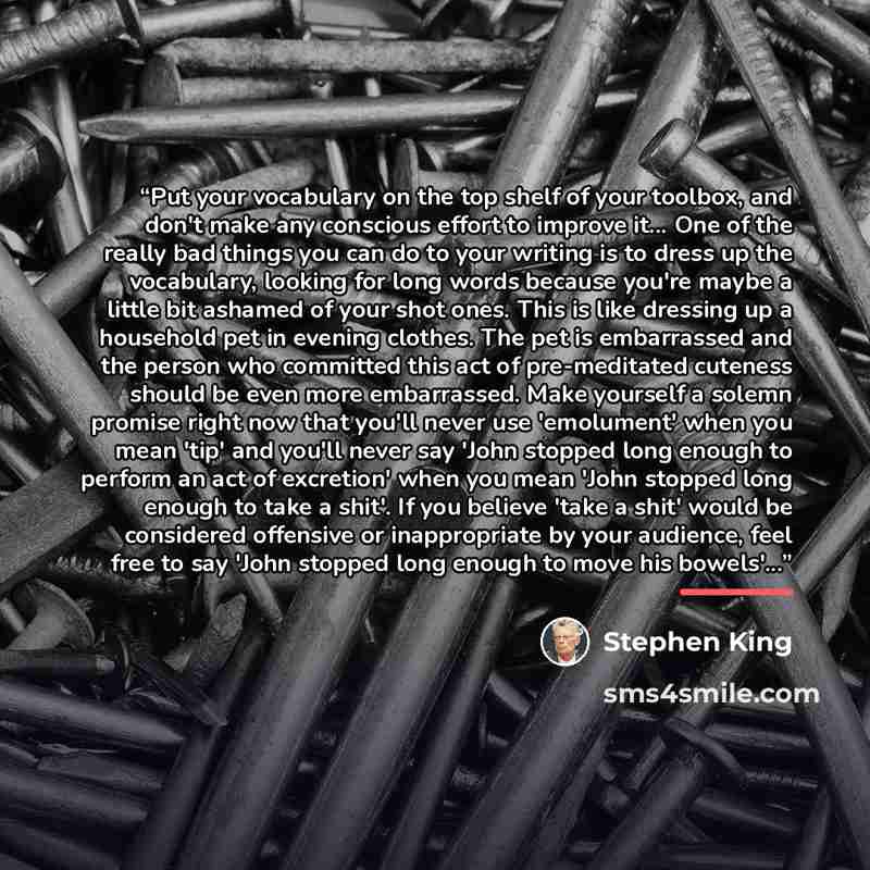 “Put your vocabulary on the top shelf of your toolbox, and don't make any conscious effort to improve it... One of the really bad things you can do to your writing is to dress up the vocabulary, looking for long words because you're maybe a little bit ashamed of your shot ones. This is like…” quote by Stephen King