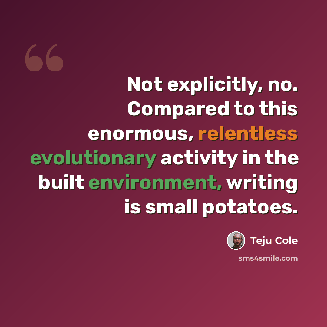 “Not explicitly, no. Compared to this enormous, relentless evolutionary activity in the built environment, writing is small potatoes.” quote by Teju Cole