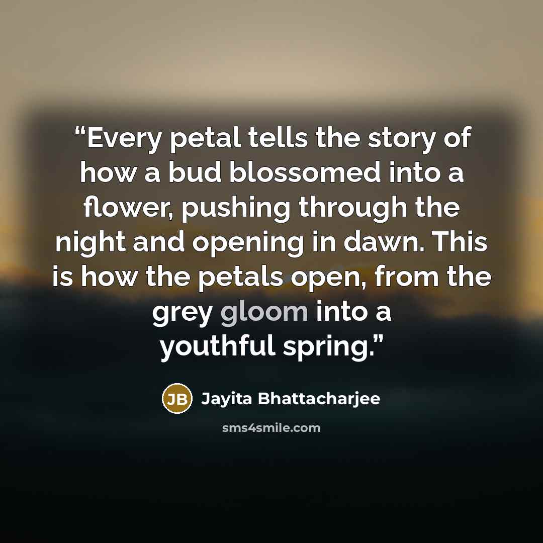 “Every petal tells the story of how a bud blossomed into a flower, pushing through the night and opening in dawn. This is how the petals open, from the grey gloom into a youthful spring.” quote by Jayita Bhattacharjee