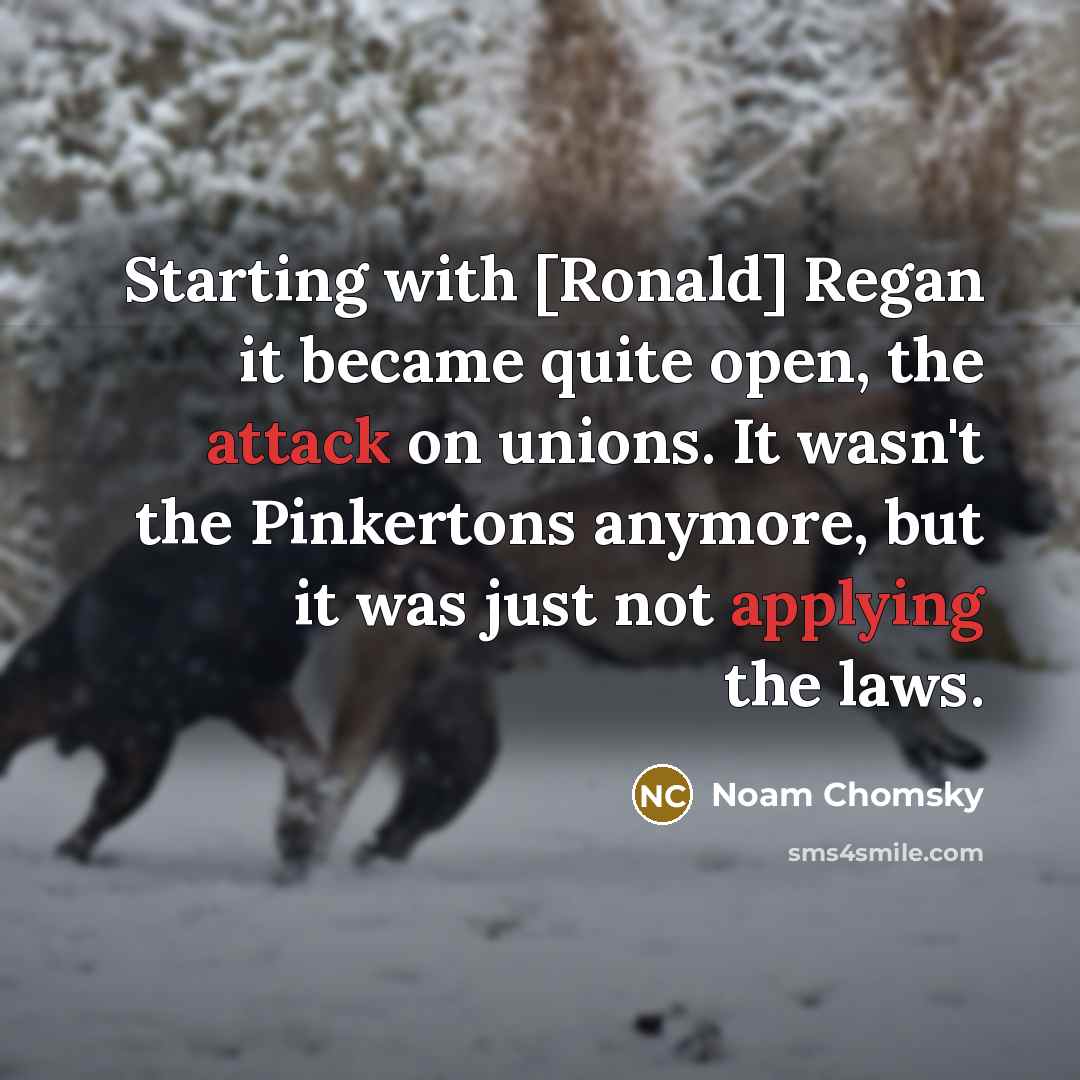 “Starting with [Ronald] Regan it became quite open, the attack on unions. It wasn't the Pinkertons anymore, but it was just not applying the laws.” quote by Noam Chomsky