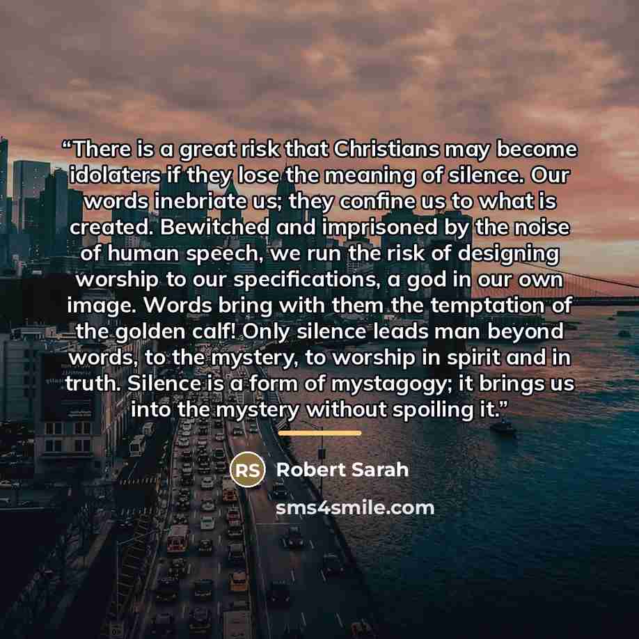 “There is a great risk that Christians may become idolaters if they lose the meaning of silence. Our words inebriate us; they confine us to what is created. Bewitched and imprisoned by the noise of human speech, we run the risk of designing worship to our specifications, a god in our own image…” quote by Robert Sarah