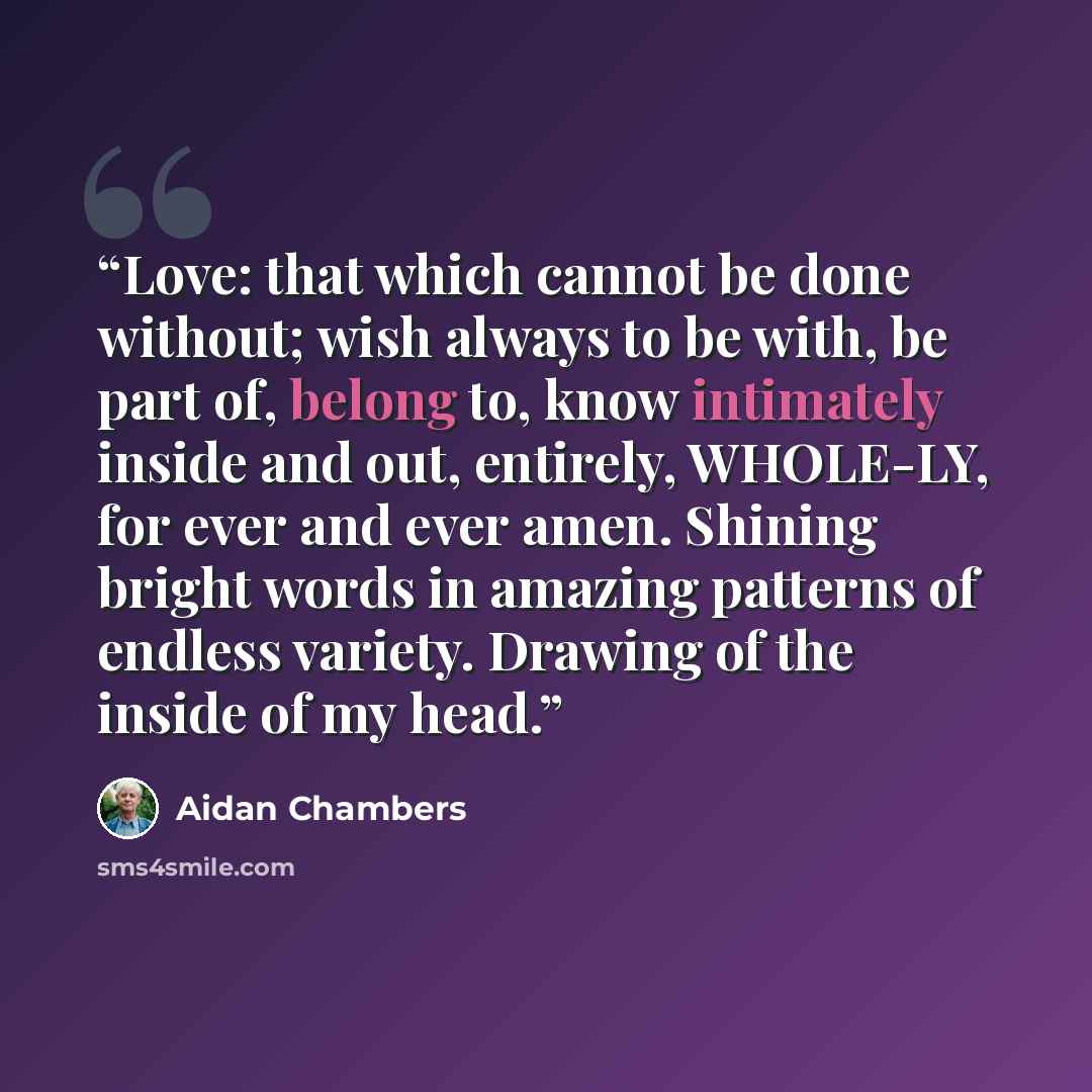 “Love: that which cannot be done without; wish always to be with, be part of, belong to, know intimately inside and out, entirely, WHOLE-LY, for ever and ever amen. Shining bright words in amazing patterns of endless variety. Drawing of the inside of my head.” quote by Aidan Chambers