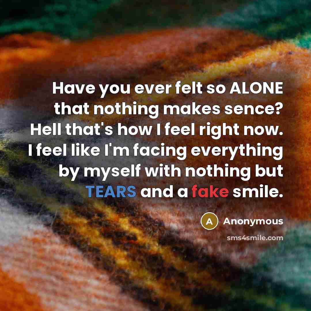 “Have you ever felt so ALONE that nothing makes sence? Hell that's how I feel right now. I feel like I'm facing everything by myself with nothing but TEARS and a fake smile.” quote by Anonymous