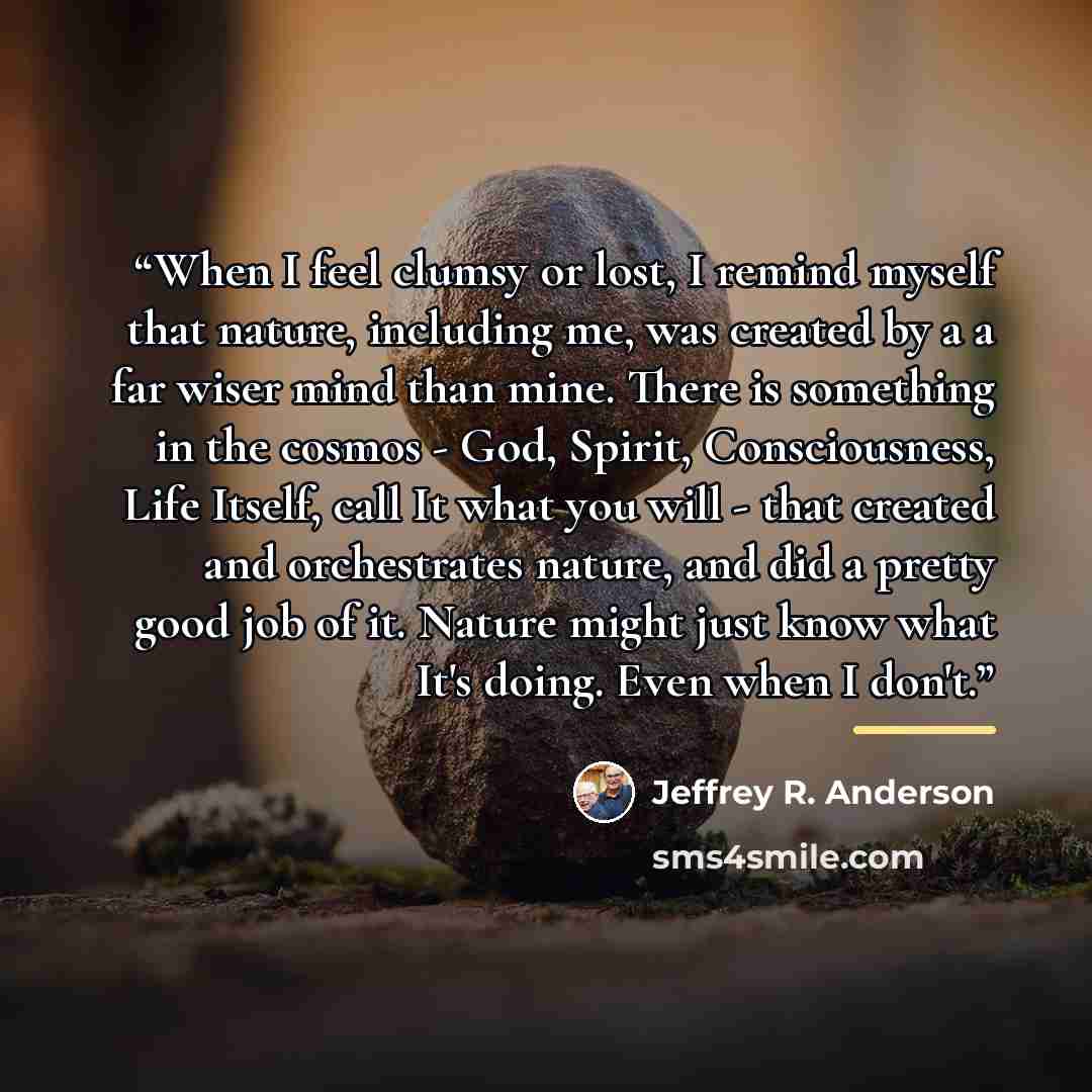 “When I feel clumsy or lost, I remind myself that nature, including me, was created by a a far wiser mind than mine. There is something in the cosmos - God, Spirit, Consciousness, Life Itself, call It what you will - that created and orchestrates nature, and did a pretty good job of it. Nature…” quote by Jeffrey R. Anderson