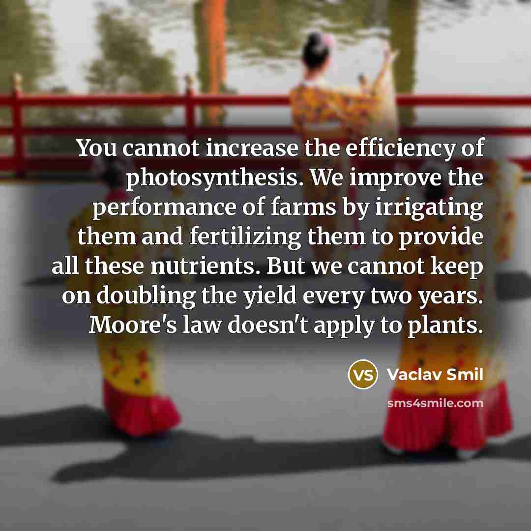 “You cannot increase the efficiency of photosynthesis. We improve the performance of farms by irrigating them and fertilizing them to provide all these nutrients. But we cannot keep on doubling the yield every two years. Moore's law doesn't apply to plants.” quote by Vaclav Smil