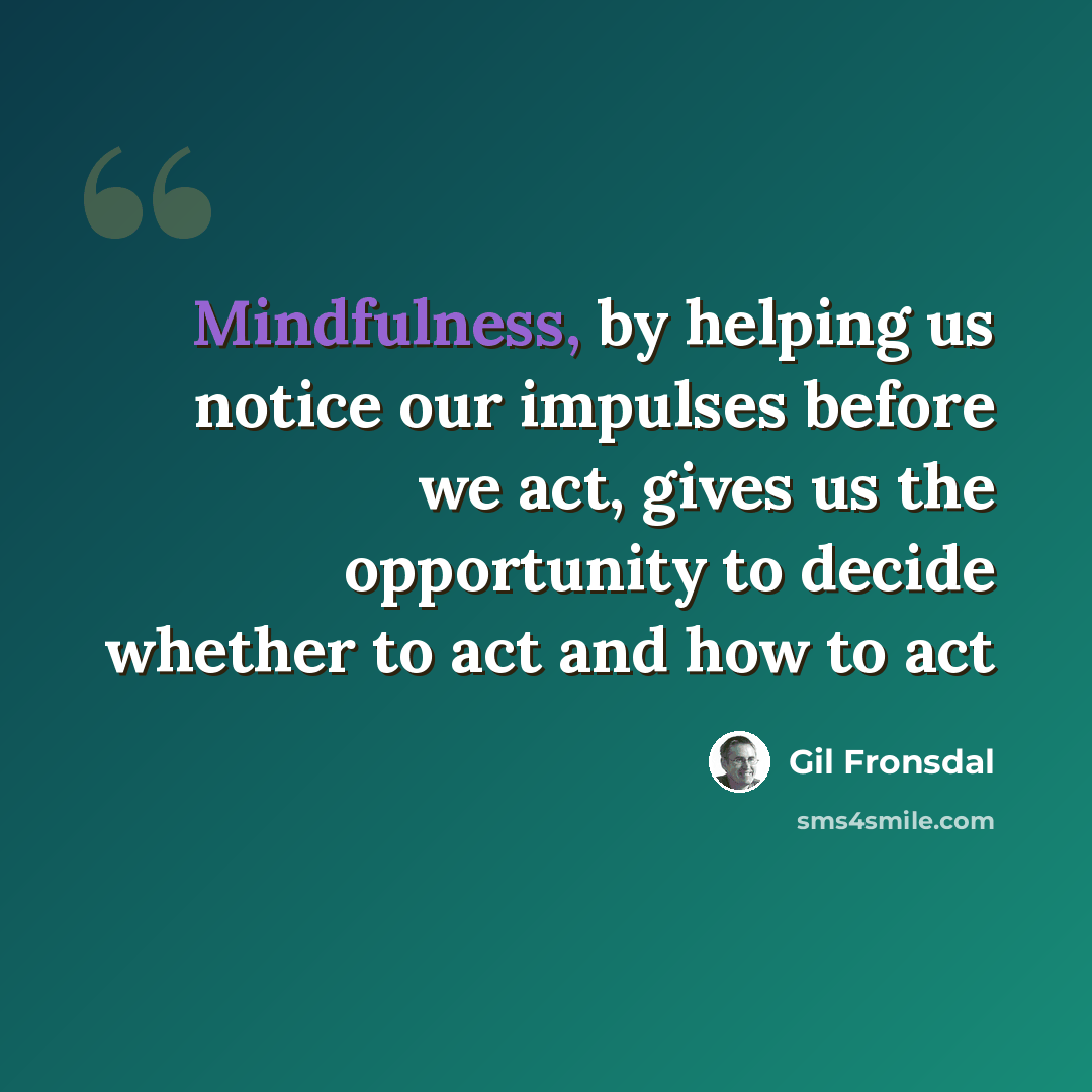 “Mindfulness, by helping us notice our impulses before we act, gives us the opportunity to decide whether to act and how to act” quote by Gil Fronsdal