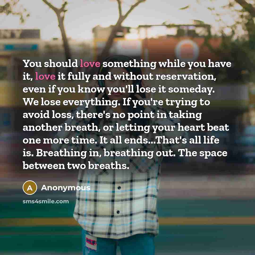 “You should love something while you have it, love it fully and without reservation, even if you know you'll lose it someday. We lose everything. If you're trying to avoid loss, there's no point in taking another breath, or letting your heart beat one more time. It all ends...That's all life is…” quote by Anonymous