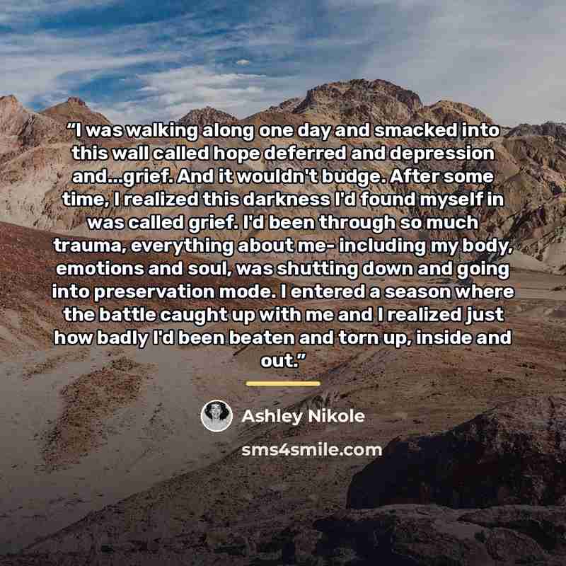 “I was walking along one day and smacked into this wall called hope deferred and depression and...grief. And it wouldn't budge. After some time, I realized this darkness I'd found myself in was called grief. I'd been through so much trauma, everything about me- including my body, emotions and soul…” quote by Ashley Nikole