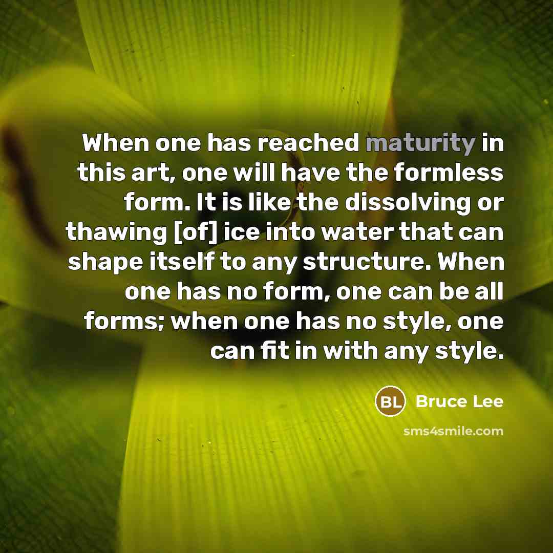 “When one has reached maturity in this art, one will have the formless form. It is like the dissolving or thawing [of] ice into water that can shape itself to any structure. When one has no form, one can be all forms; when one has no style, one can fit in with any style.” quote by Bruce Lee