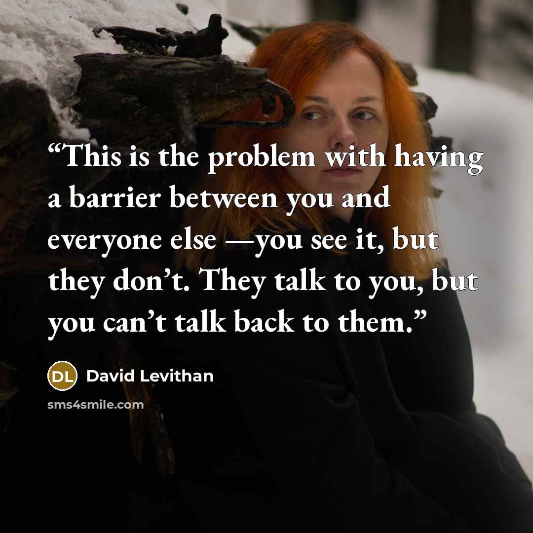 “This is the problem with having a barrier between you and everyone else —you see it, but they don’t. They talk to you, but you can’t talk back to them.” quote by David Levithan