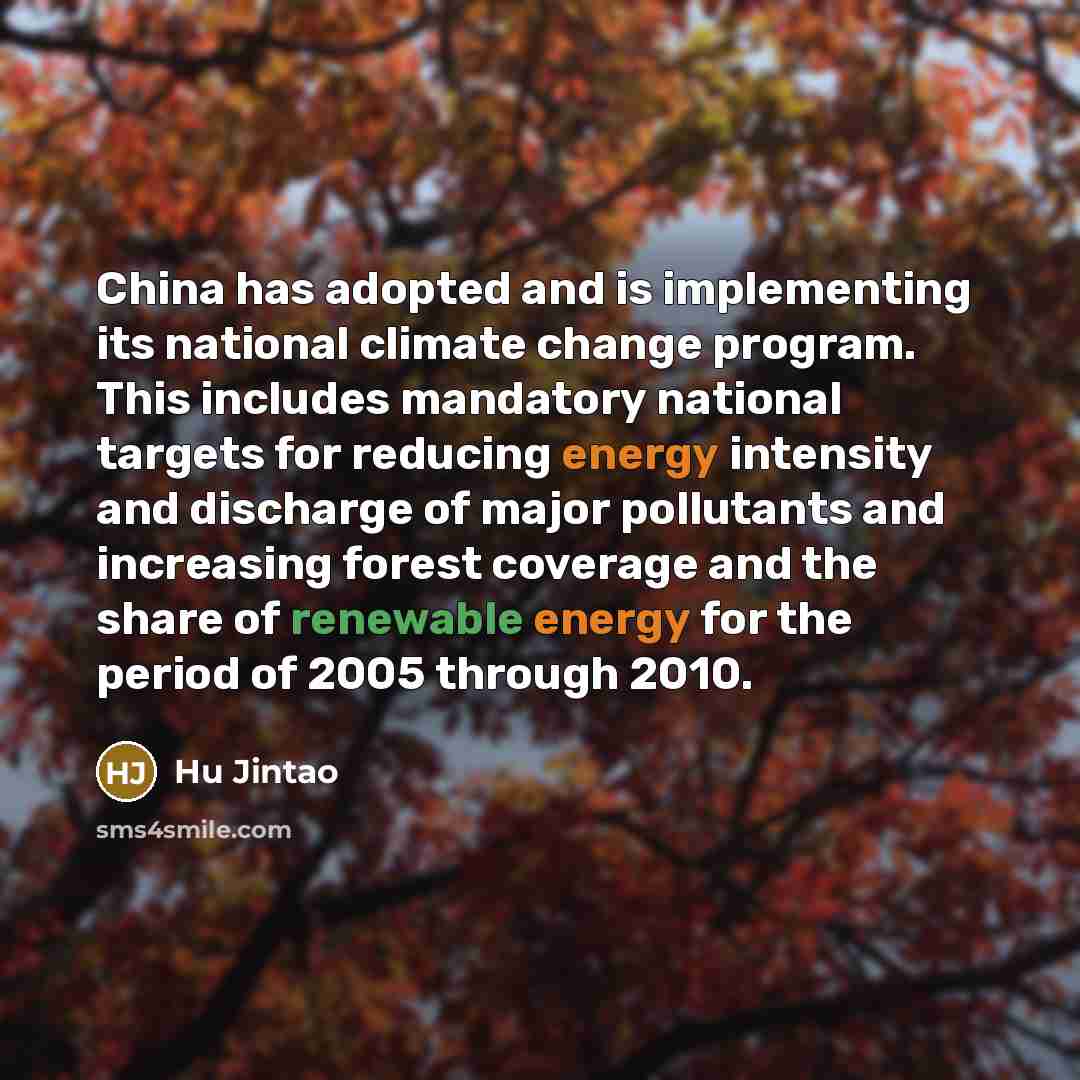 “China has adopted and is implementing its national climate change program. This includes mandatory national targets for reducing energy intensity and discharge of major pollutants and increasing forest coverage and the share of renewable energy for the period of 2005 through 2010.” quote by Hu Jintao