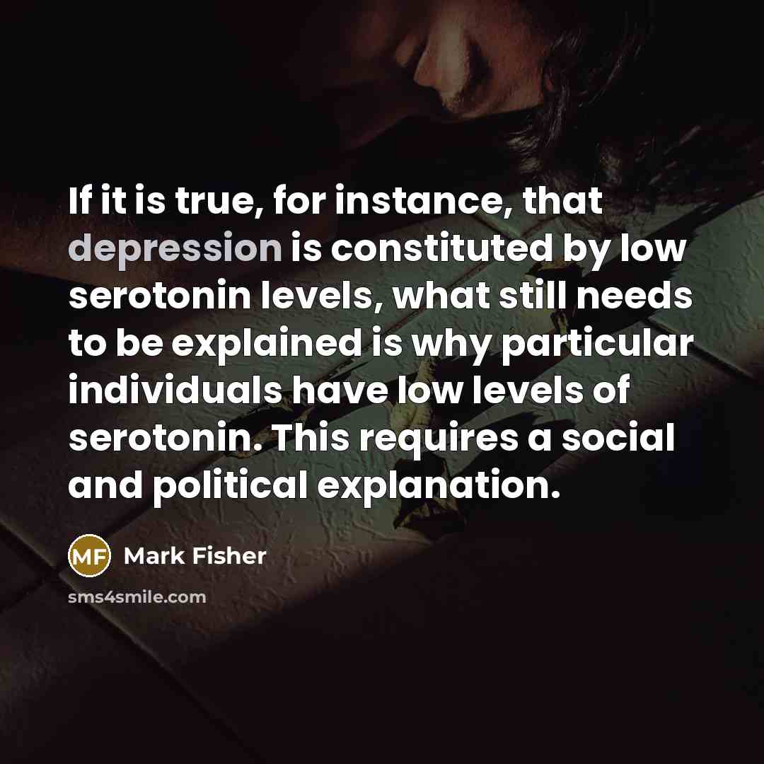 “If it is true, for instance, that depression is constituted by low serotonin levels, what still needs to be explained is why particular individuals have low levels of serotonin. This requires a social and political explanation.” quote by Mark Fisher