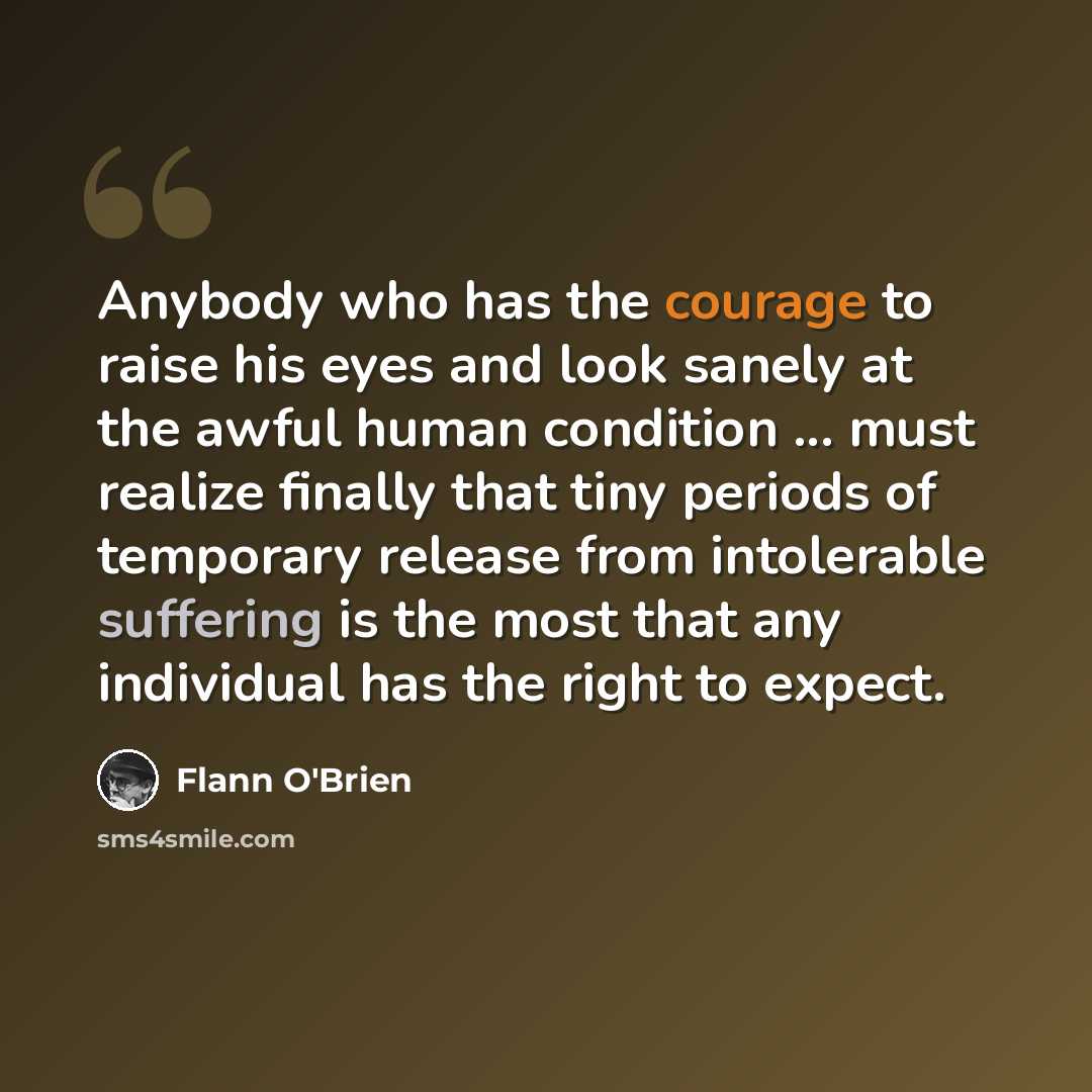 “Anybody who has the courage to raise his eyes and look sanely at the awful human condition ... must realize finally that tiny periods of temporary release from intolerable suffering is the most that any individual has the right to expect.” quote by Flann O'Brien