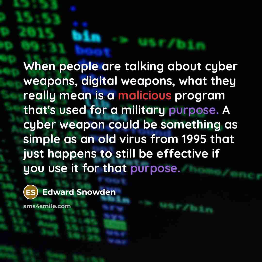 “When people are talking about cyber weapons, digital weapons, what they really mean is a malicious program that's used for a military purpose. A cyber weapon could be something as simple as an old virus from 1995 that just happens to still be effective if you use it for that purpose.” quote by Edward Snowden