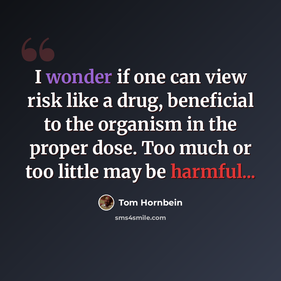 “I wonder if one can view risk like a drug, beneficial to the organism in the proper dose. Too much or too little may be harmful...” quote by Tom Hornbein