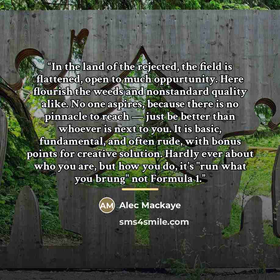 “In the land of the rejected, the field is flattened, open to much oppurtunity. Here flourish the weeds and nonstandard quality alike. No one aspires, because there is no pinnacle to reach — just be better than whoever is next to you. It is basic, fundamental, and often rude, with bonus points for…” quote by Alec Mackaye