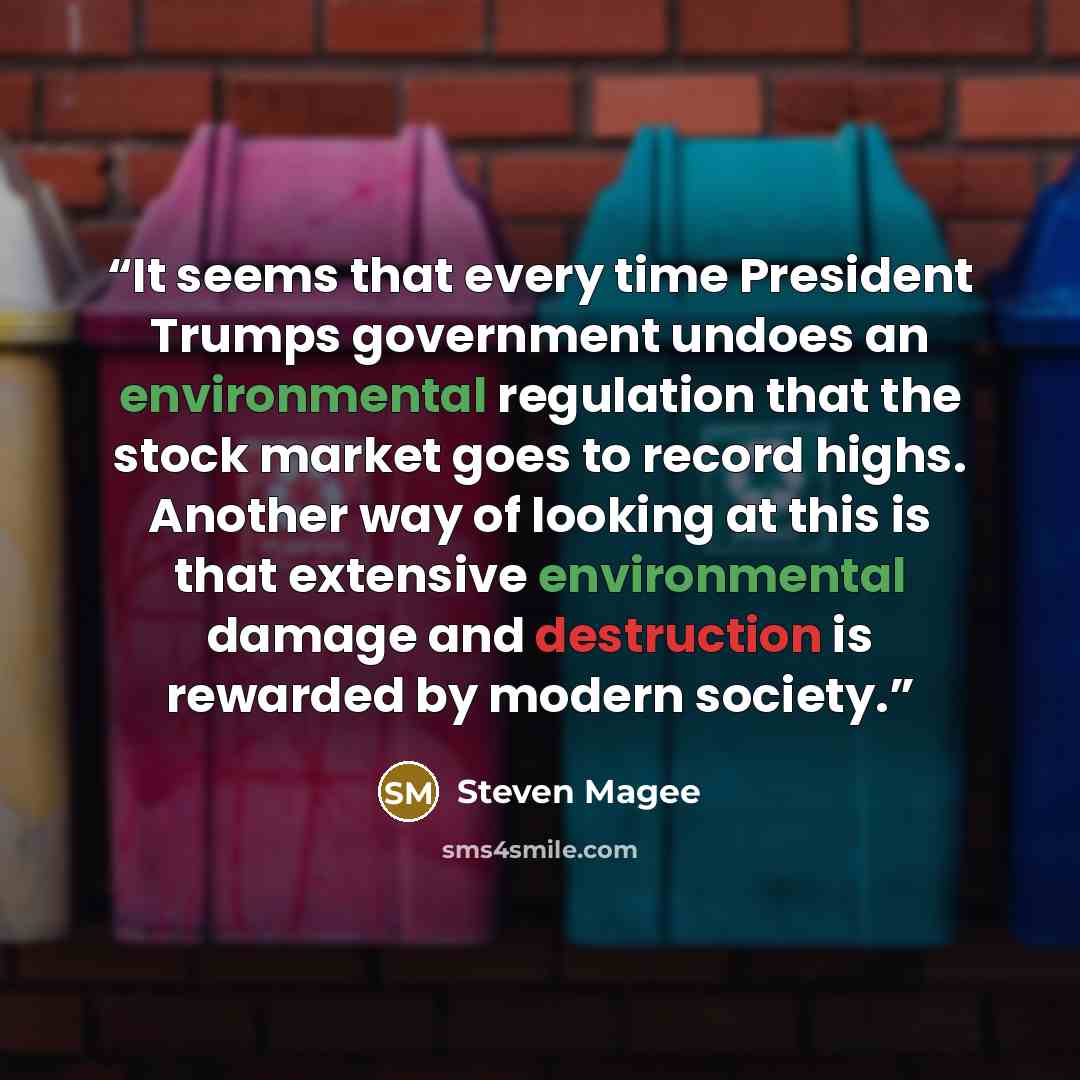 “It seems that every time President Trumps government undoes an environmental regulation that the stock market goes to record highs. Another way of looking at this is that extensive environmental damage and destruction is rewarded by modern society.” quote by Steven Magee