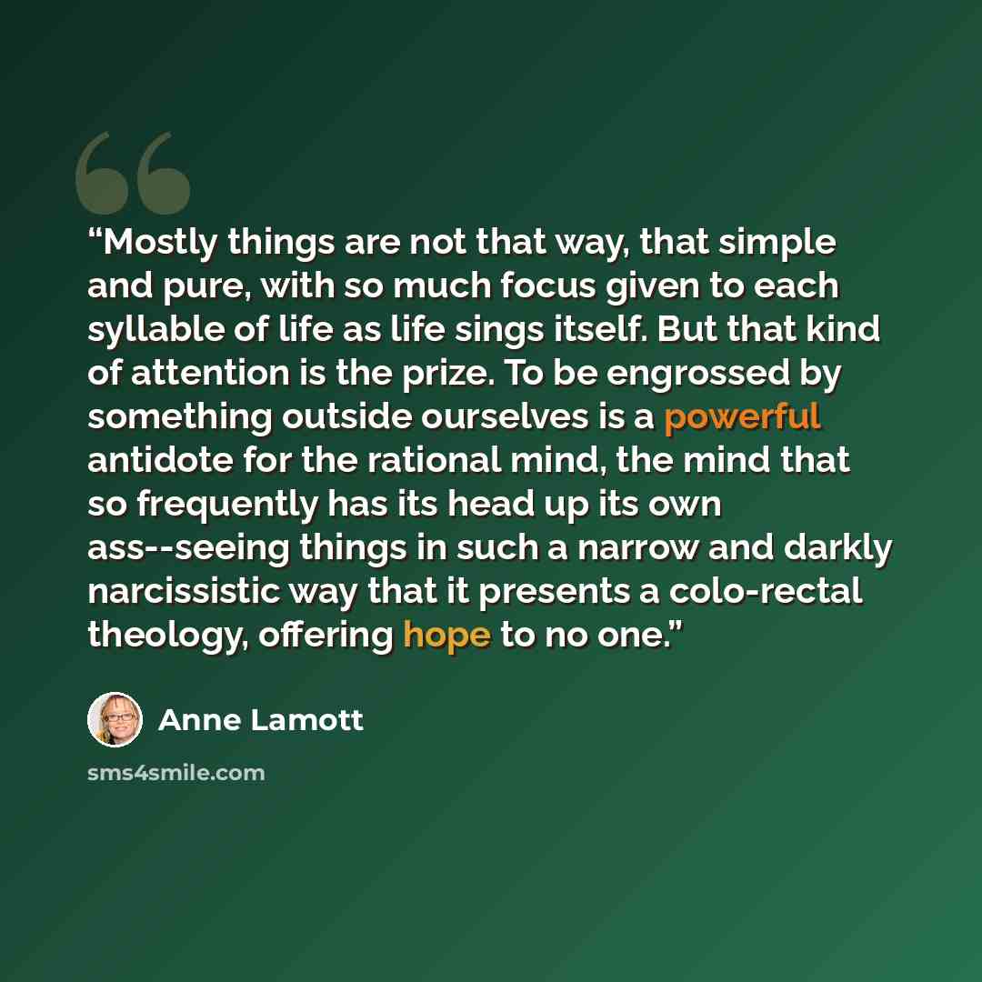 “Mostly things are not that way, that simple and pure, with so much focus given to each syllable of life as life sings itself. But that kind of attention is the prize. To be engrossed by something outside ourselves is a powerful antidote for the rational mind, the mind that so frequently has its…” quote by Anne Lamott