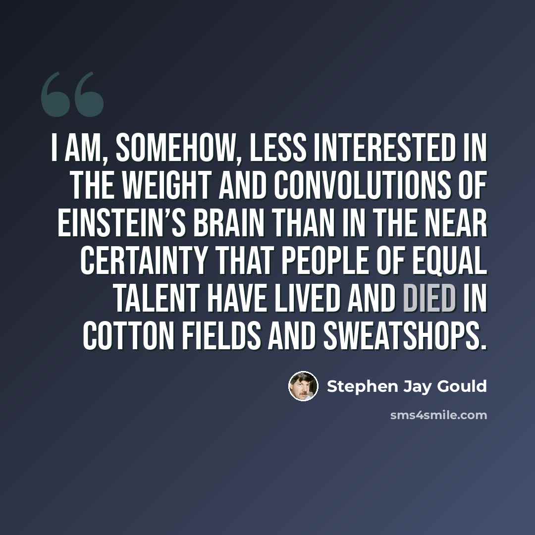 “I am, somehow, less interested in the weight and convolutions of Einstein’s brain than in the near certainty that people of equal talent have lived and died in cotton fields and sweatshops.” quote by Stephen Jay Gould