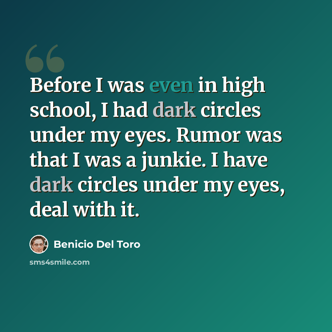 “Before I was even in high school, I had dark circles under my eyes. Rumor was that I was a junkie. I have dark circles under my eyes, deal with it.” quote by Benicio Del Toro