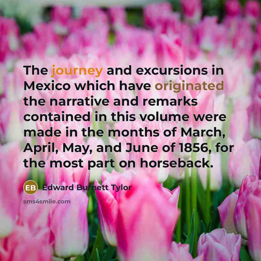 “The journey and excursions in Mexico which have originated the narrative and remarks contained in this volume were made in the months of March, April, May, and June of 1856, for the most part on horseback.” quote by Edward Burnett Tylor
