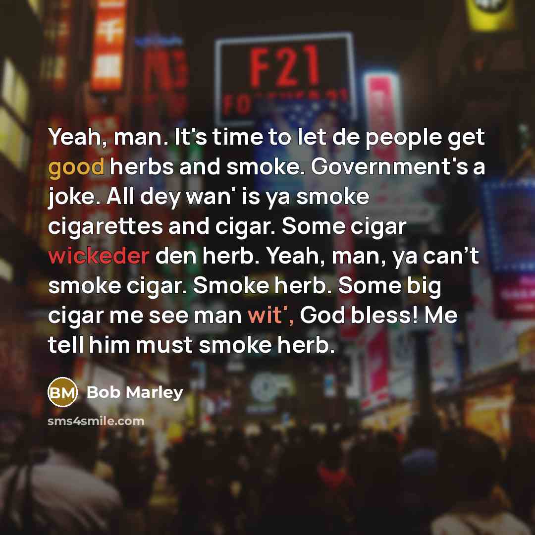 “Yeah, man. It's time to let de people get good herbs and smoke. Government's a joke. All dey wan' is ya smoke cigarettes and cigar. Some cigar wickeder den herb. Yeah, man, ya can't smoke cigar. Smoke herb. Some big cigar me see man wit', God bless! Me tell him must smoke herb.” quote by Bob Marley