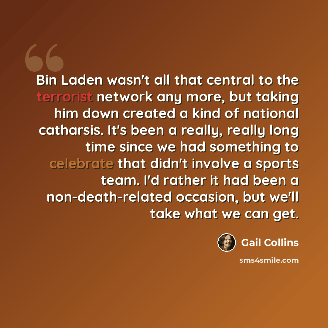 “Bin Laden wasn't all that central to the terrorist network any more, but taking him down created a kind of national catharsis. It's been a really, really long time since we had something to celebrate that didn't involve a sports team. I'd rather it had been a non-death-related occasion, but we'll…” quote by Gail Collins