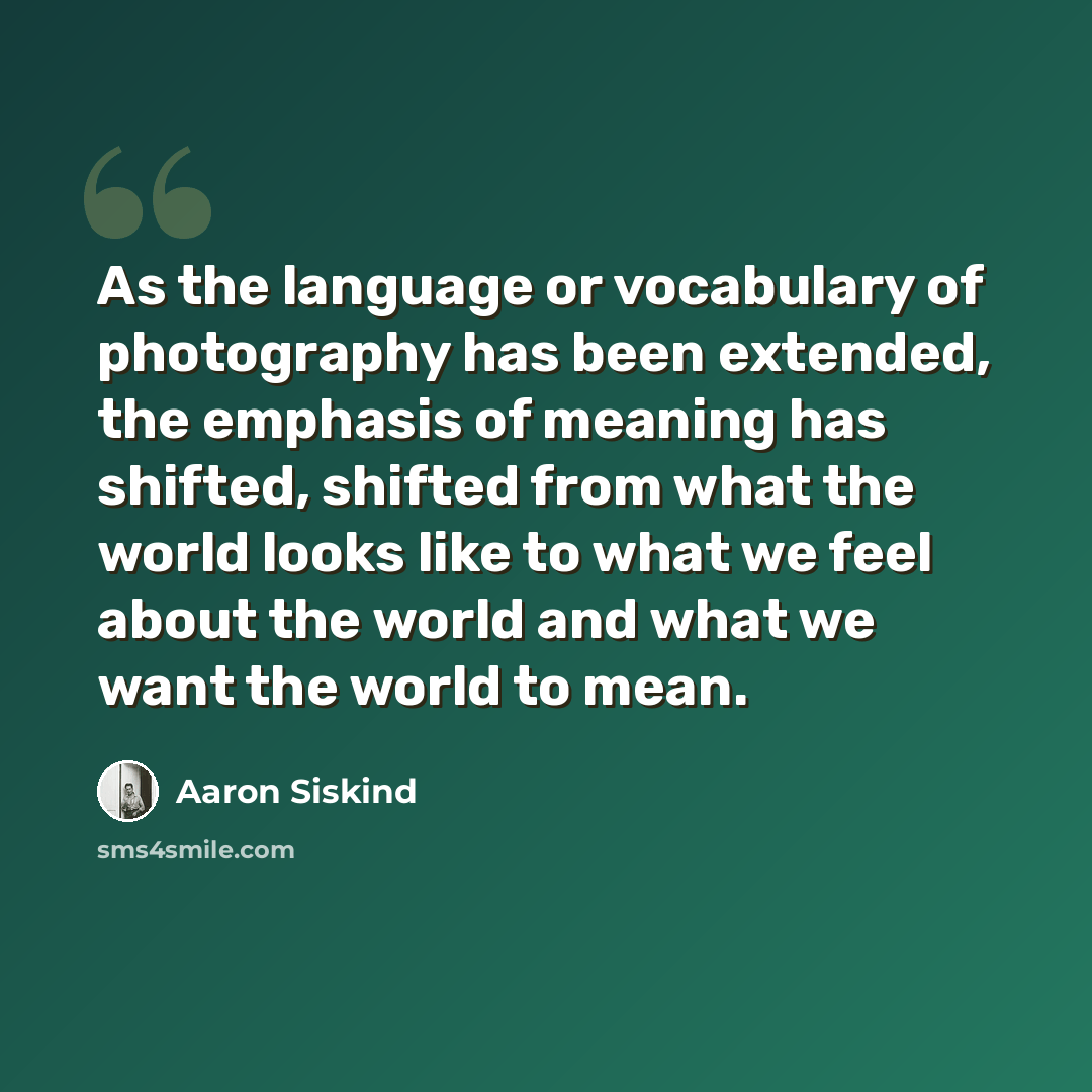“As the language or vocabulary of photography has been extended, the emphasis of meaning has shifted, shifted from what the world looks like to what we feel about the world and what we want the world to mean.” quote by Aaron Siskind