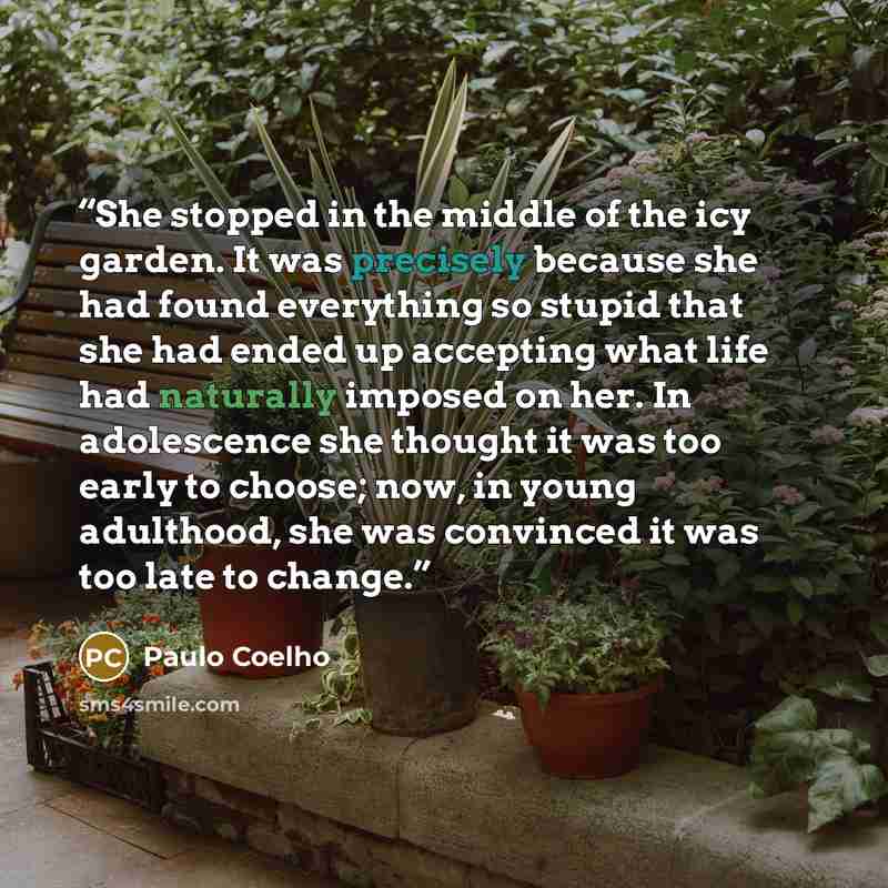 “She stopped in the middle of the icy garden. It was precisely because she had found everything so stupid that she had ended up accepting what life had naturally imposed on her. In adolescence she thought it was too early to choose; now, in young adulthood, she was convinced it was too late to…” quote by Paulo Coelho