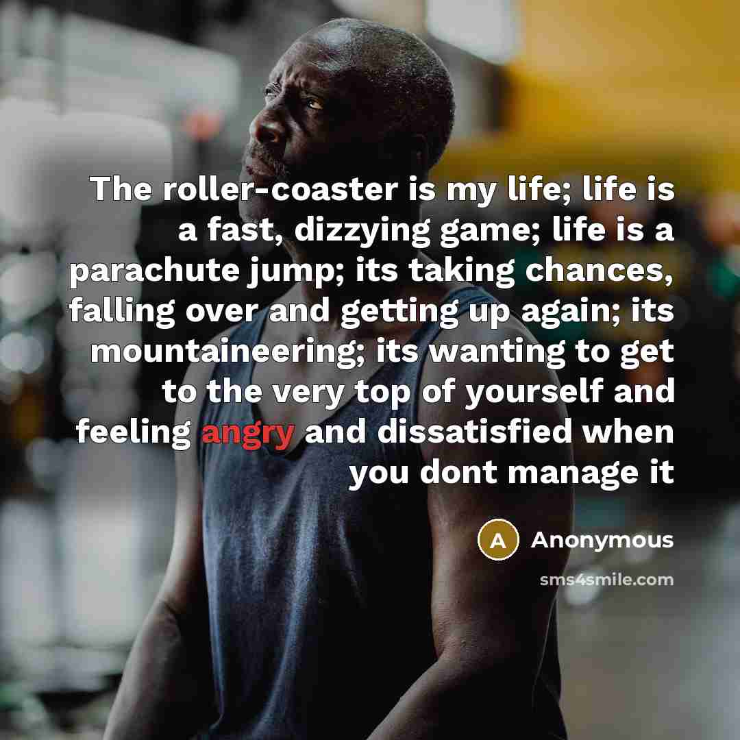 “The roller-coaster is my life; life is a fast, dizzying game; life is a parachute jump; its taking chances, falling over and getting up again; its mountaineering; its wanting to get to the very top of yourself and feeling angry and dissatisfied when you dont manage it” quote by Anonymous