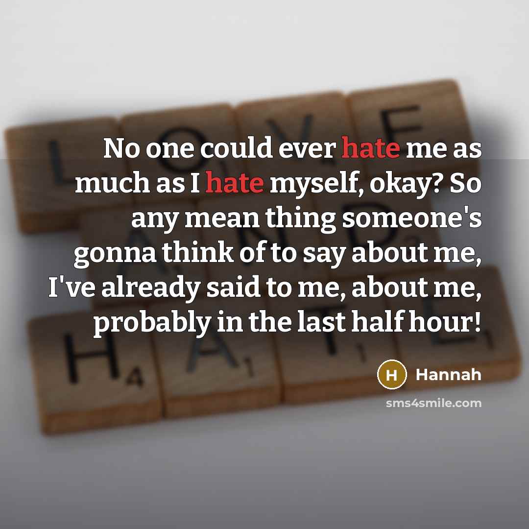 “No one could ever hate me as much as I hate myself, okay? So any mean thing someone's gonna think of to say about me, I've already said to me, about me, probably in the last half hour!” quote by Hannah