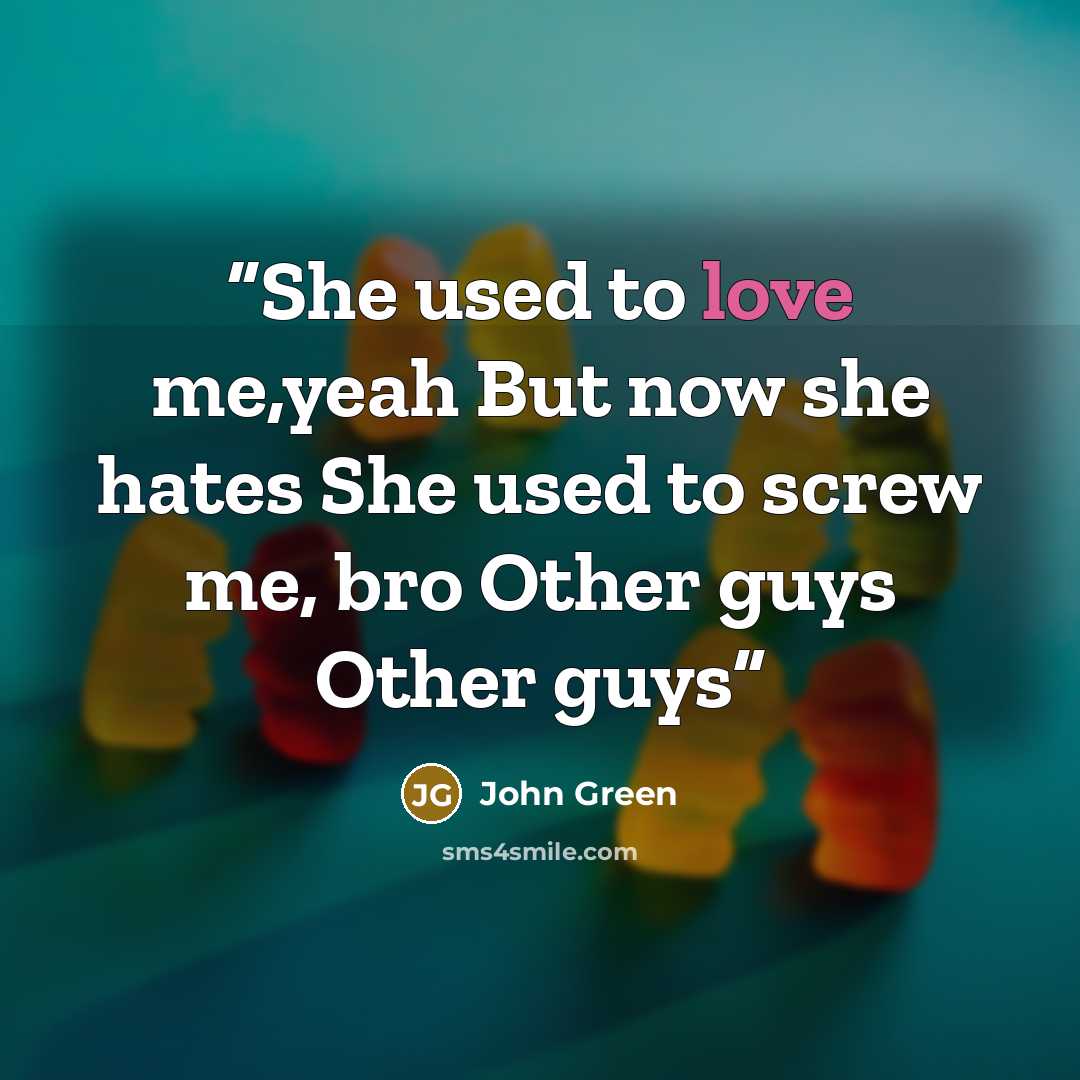 “She used to love me,yeah But now she hates She used to screw me, bro Other guys Other guys” quote by John Green