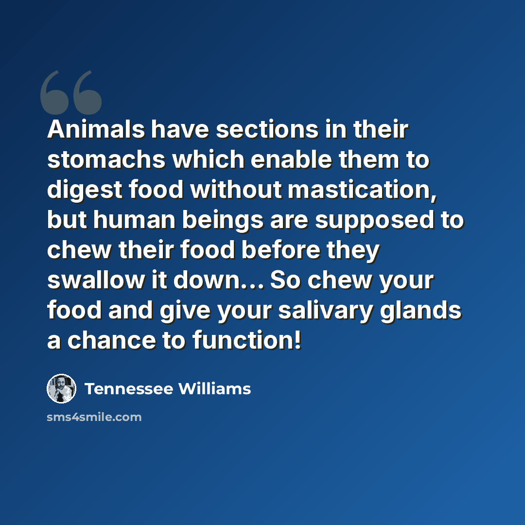 “Animals have sections in their stomachs which enable them to digest food without mastication, but human beings are supposed to chew their food before they swallow it down... So chew your food and give your salivary glands a chance to function!” quote by Tennessee Williams