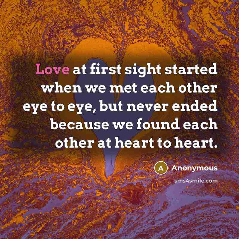 “Love at first sight started when we met each other eye to eye, but never ended because we found each other at heart to heart.” quote by Anonymous