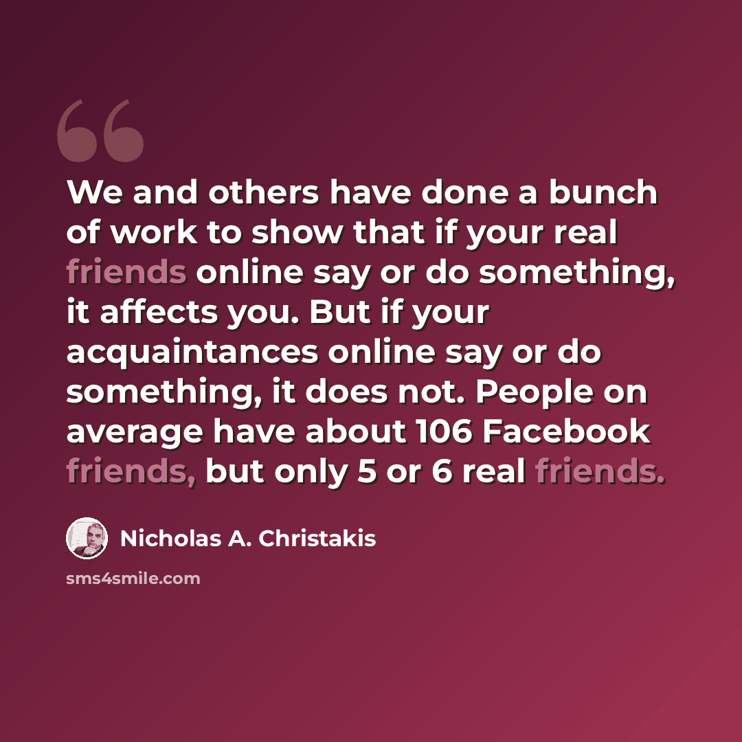 “We and others have done a bunch of work to show that if your real friends online say or do something, it affects you. But if your acquaintances online say or do something, it does not. People on average have about 106 Facebook friends, but only 5 or 6 real friends.” quote by Nicholas A. Christakis