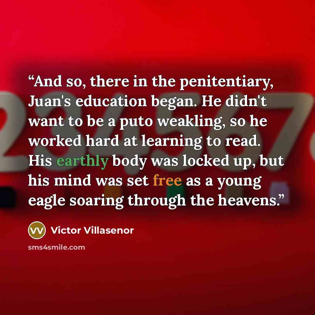 “And so, there in the penitentiary, Juan's education began. He didn't want to be a puto weakling, so he worked hard at learning to read. His earthly body was locked up, but his mind was set free as a young eagle soaring through the heavens.” quote by Victor Villaseñor