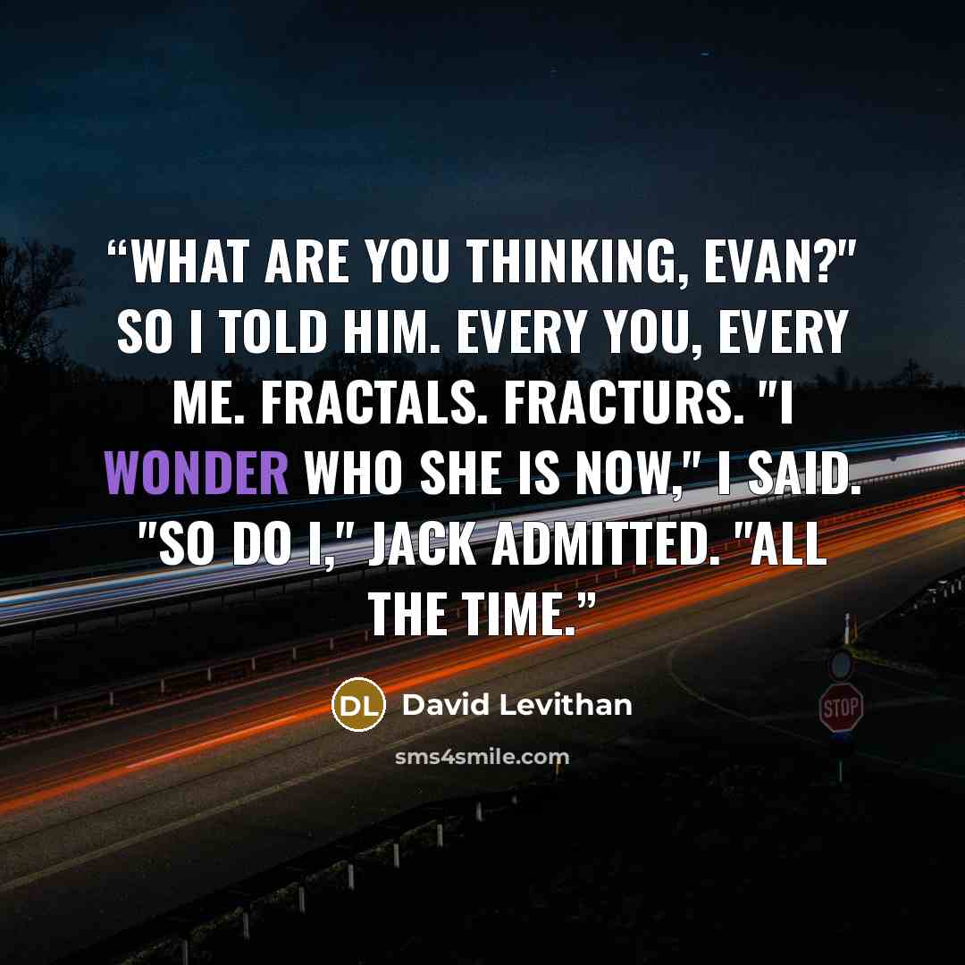 “What are you thinking, Evan?" So I told him. Every you, every me. Fractals. Fracturs. "I wonder who she is now," I said. "So do I," Jack admitted. "All the time.” quote by David Levithan