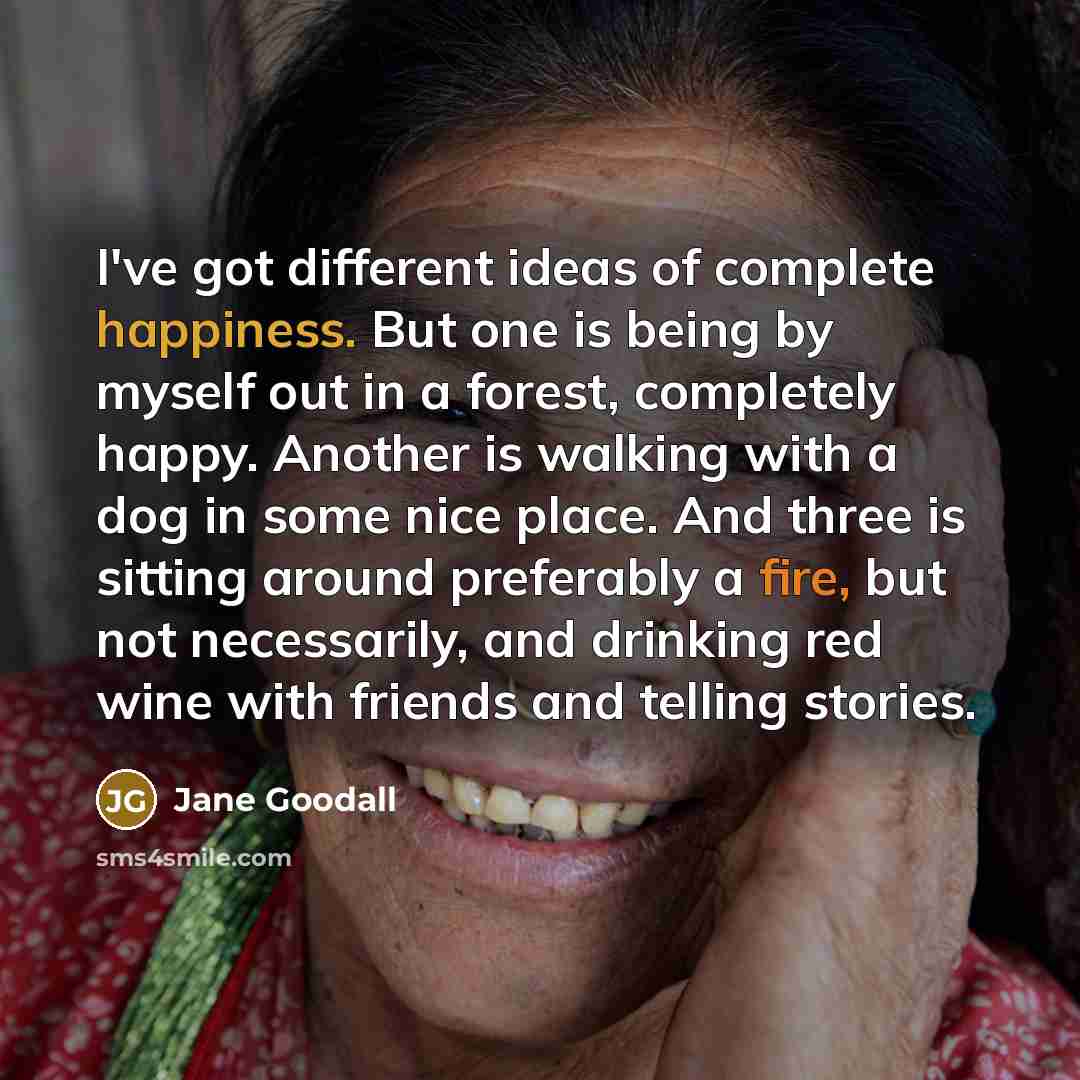 “I've got different ideas of complete happiness. But one is being by myself out in a forest, completely happy. Another is walking with a dog in some nice place. And three is sitting around preferably a fire, but not necessarily, and drinking red wine with friends and telling stories.” quote by Jane Goodall