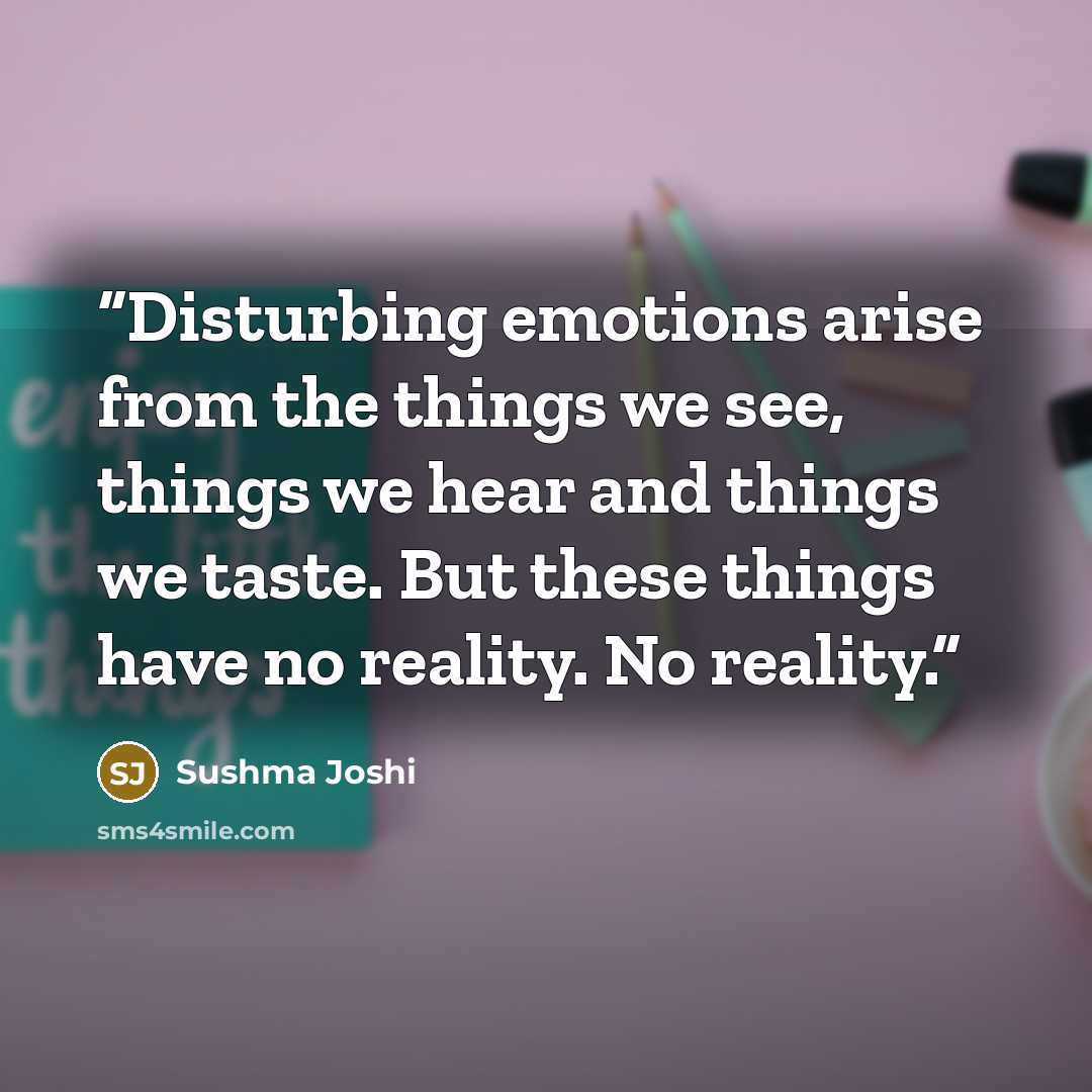 “Disturbing emotions arise from the things we see, things we hear and things we taste. But these things have no reality. No reality.” quote by Sushma Joshi