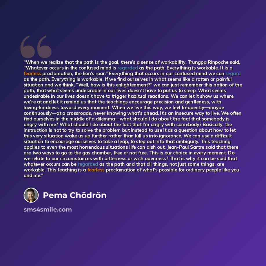 “When we realize that the path is the goal, there’s a sense of workability. Trungpa Rinpoche said, “Whatever occurs in the confused mind is regarded as the path. Everything is workable. It is a fearless proclamation, the lion’s roar.” Everything that occurs in our confused mind we can regard as the…” quote by Pema Chödrön