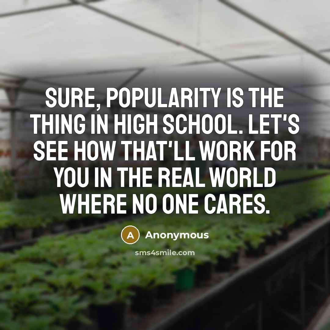 “Sure, popularity is the thing in high school. Let's see how that'll work for you in the real world where no one cares.” quote by Anonymous