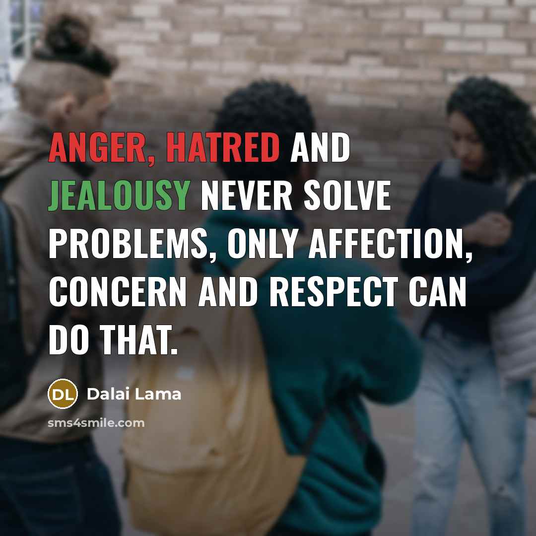 “Anger, hatred and jealousy never solve problems, only affection, concern and respect can do that.” quote by Dalai Lama