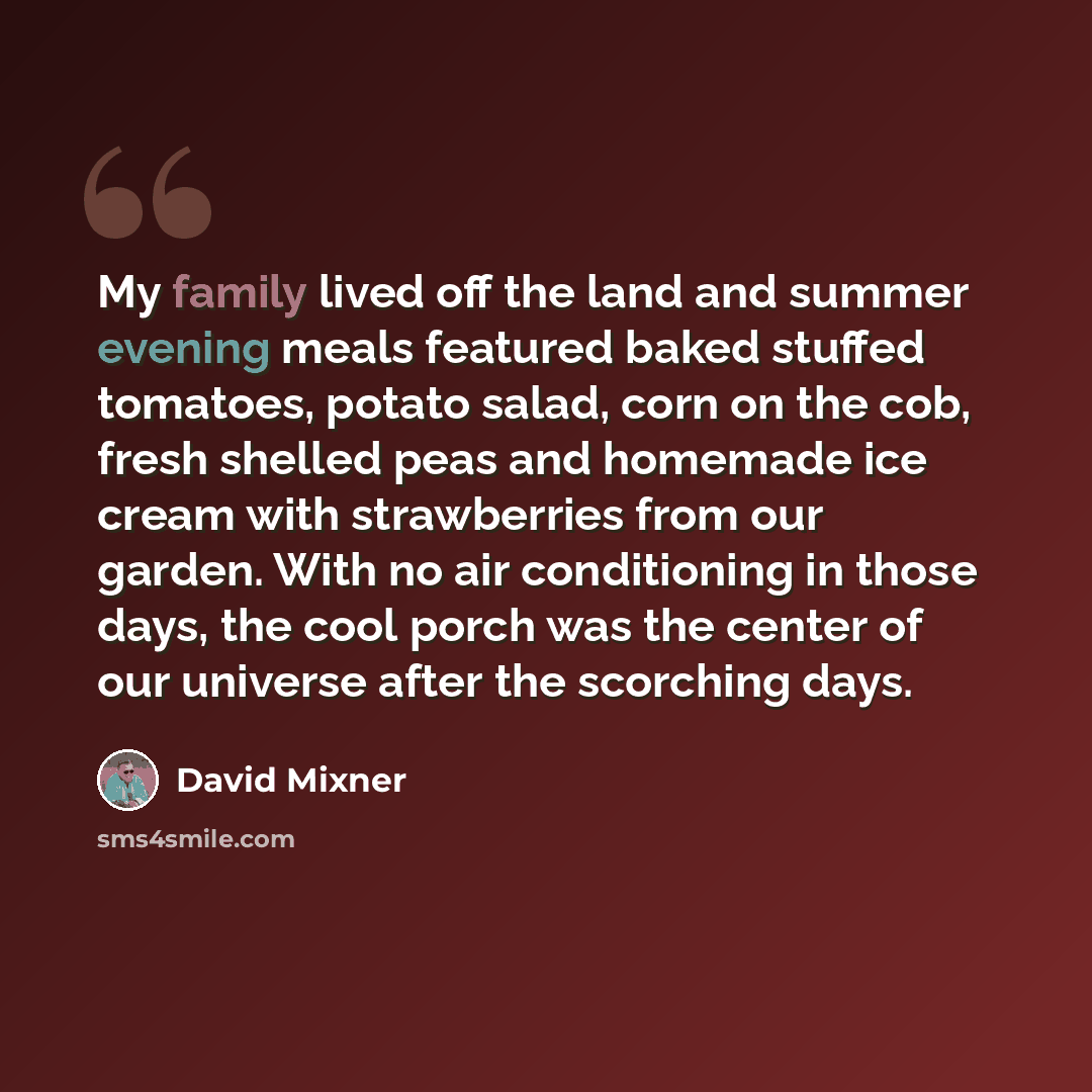 “My family lived off the land and summer evening meals featured baked stuffed tomatoes, potato salad, corn on the cob, fresh shelled peas and homemade ice cream with strawberries from our garden. With no air conditioning in those days, the cool porch was the center of our universe after the…” quote by David Mixner