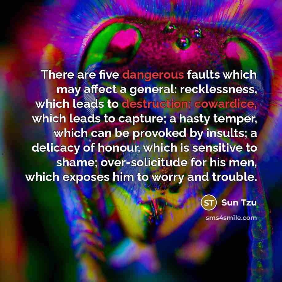 “There are five dangerous faults which may affect a general: recklessness, which leads to destruction; cowardice, which leads to capture; a hasty temper, which can be provoked by insults; a delicacy of honour, which is sensitive to shame; over-solicitude for his men, which exposes him to worry and…” quote by Sun Tzu